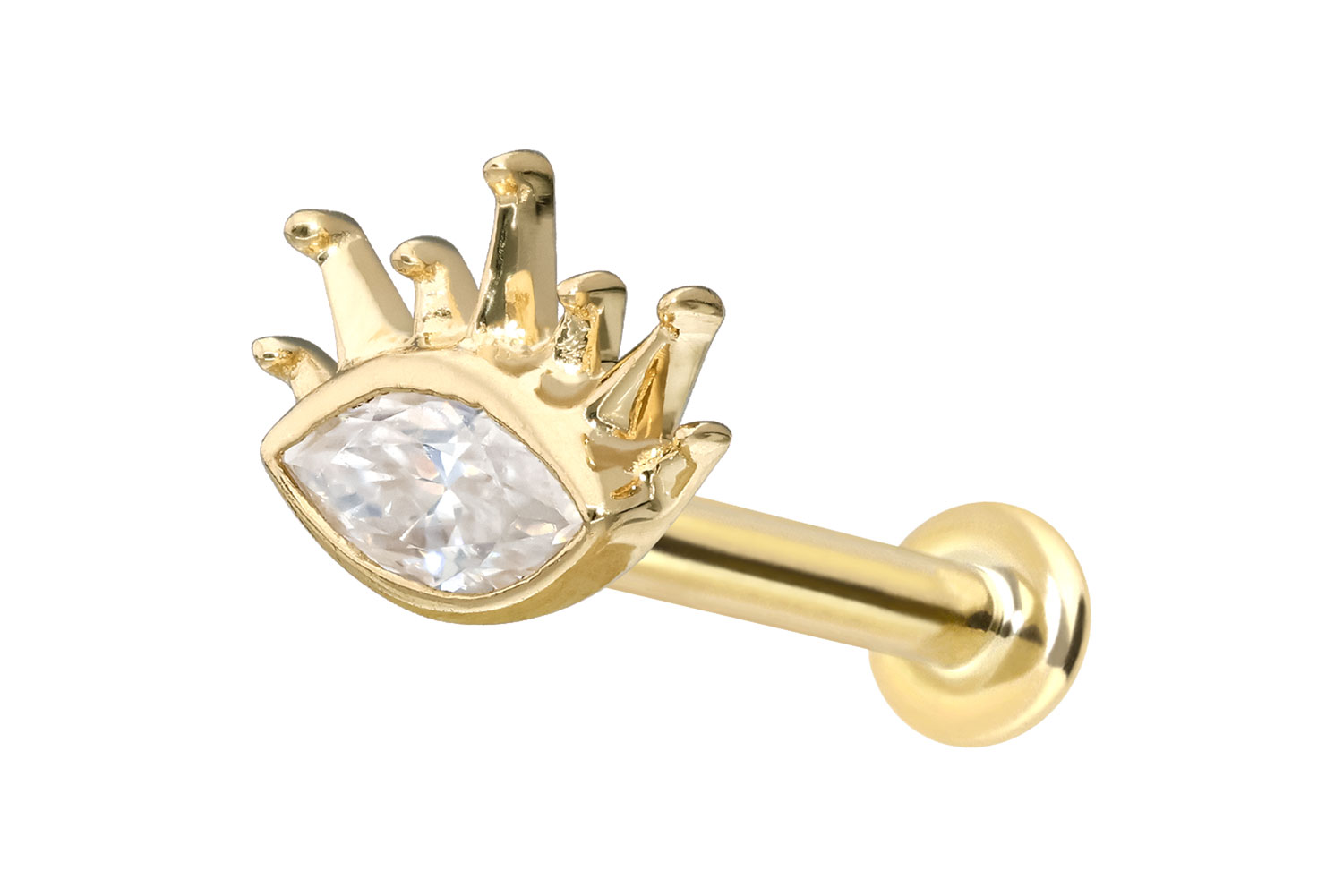 14 Karat Gold Labret Piercing mit Push Fit MOISSANIT-OVAL + SONNENSTRAHLEN